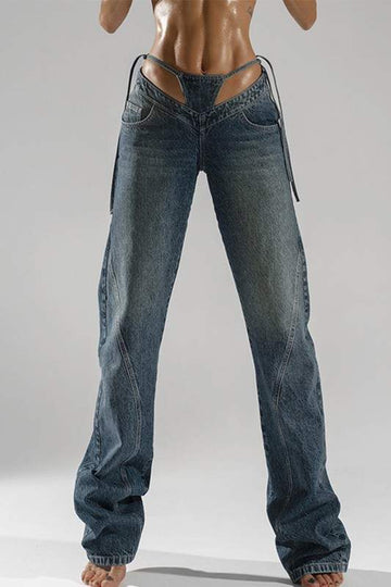 High-Waisted Drawstring Baggy Jeans, Fashion Pants