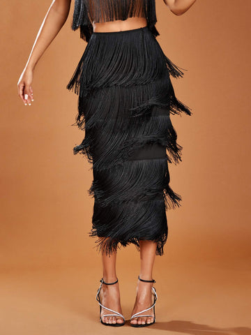 BAE HIGH WAIST FRINGE TRIM SKIRT TOPS SETS