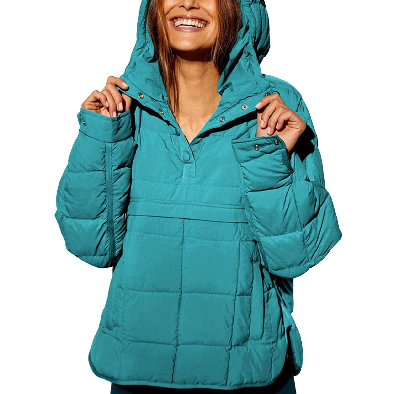 SOLID COLOR HOODED COTTON PADDED FOLDABLE PADDED PULLOVER POCKET LONG SLEEVE COAT FOR WOMEN