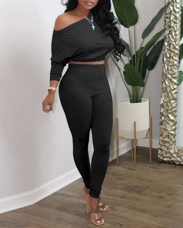 Trendy Athleisure Set: Off-Shoulder & High-Waisted