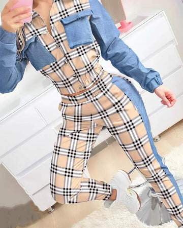 PLAID PRINT PATCHWORK BUTTONED SHIRT HIGH WAIST PANTS SET