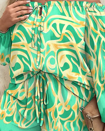 PLUS SIZE ABSTRACT PRINT OFF SHOULDER TOP DRAWSTRING SHORTS SET