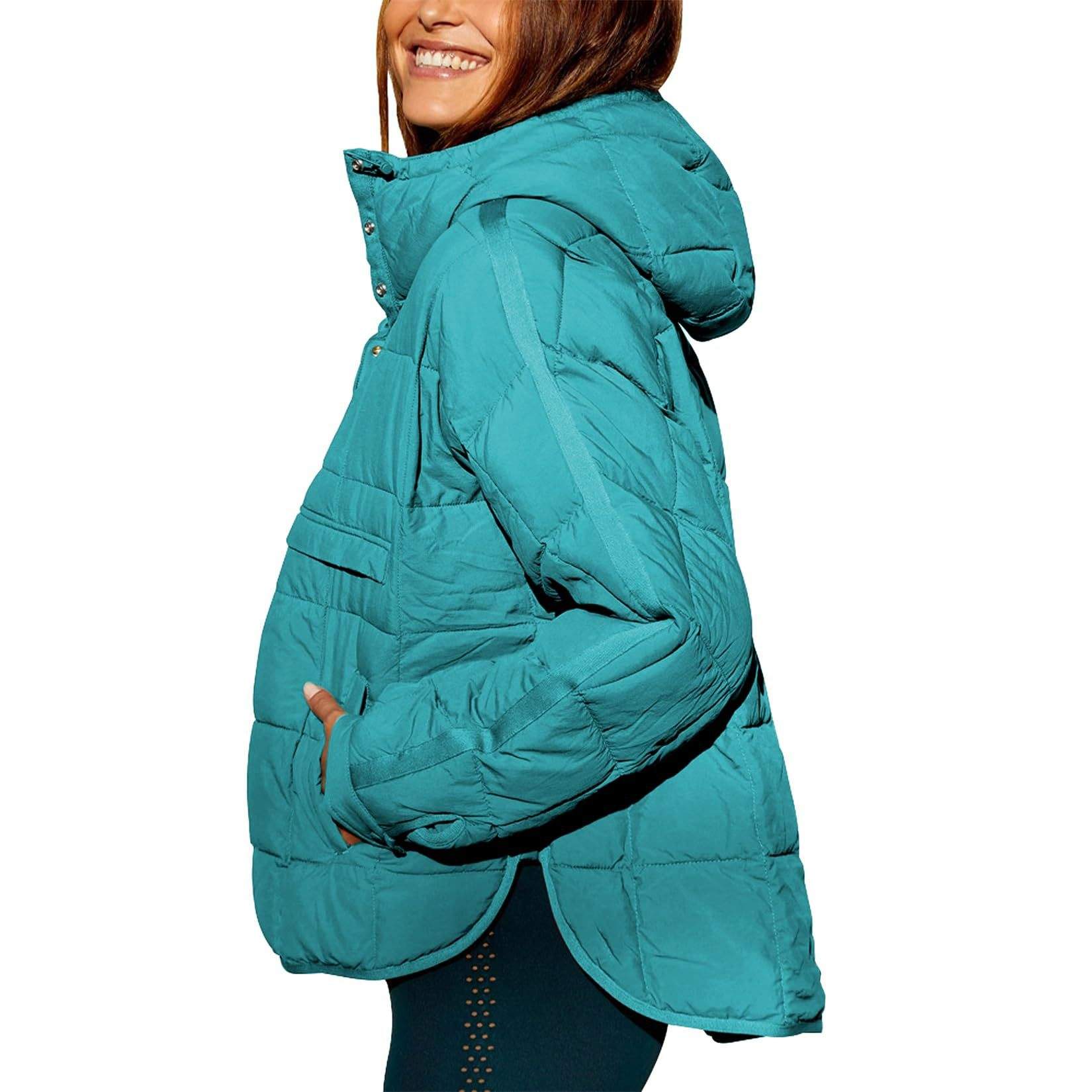 SOLID COLOR HOODED COTTON PADDED FOLDABLE PADDED PULLOVER POCKET LONG SLEEVE COAT FOR WOMEN