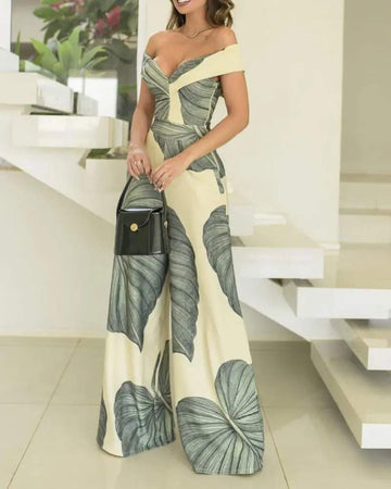 PLANTS PRINT OFF SHOULDER WIDE LEG JUMPSUIT