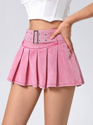 MOD BUCKLE BELT PLEATED DENIM MINI SKIRT