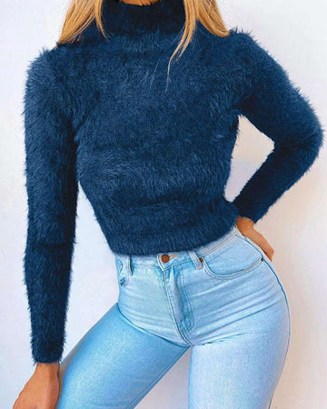 High Neck Solid Fluffy Long Sleeve Sweater