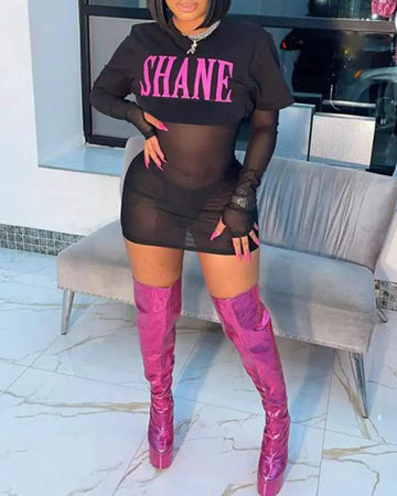 SHEER MESH MINI DRESS WITH LETTER PRINT CROP TOP
