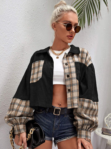 TARTAN PANEL CORDUROY CROP SHACKET