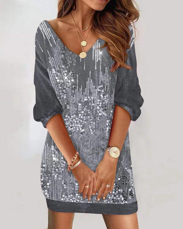 CONTRAST SEQUIN VELVET V NECK CASUAL DRESS