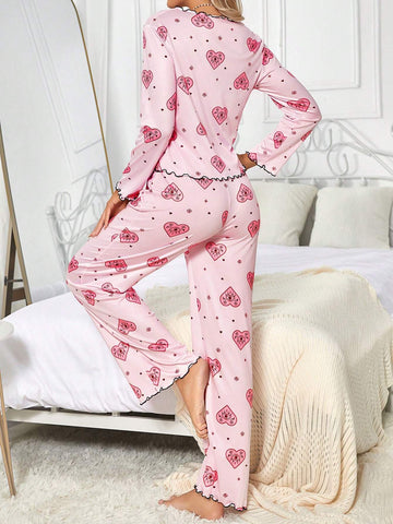 WOMEN S HEART PRINT LACE TRIMMED PAJAMA SET