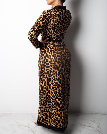 Bandeau Crop Top Cheetah Print Longline Coat High Waist Pants Set