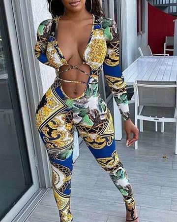 Plunge Long Sleeve Scarf Print Cutout Laceup Jumpsuit