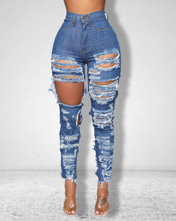 Zipper Fly Cutout Ripped Raw Hem Skinny Jeans