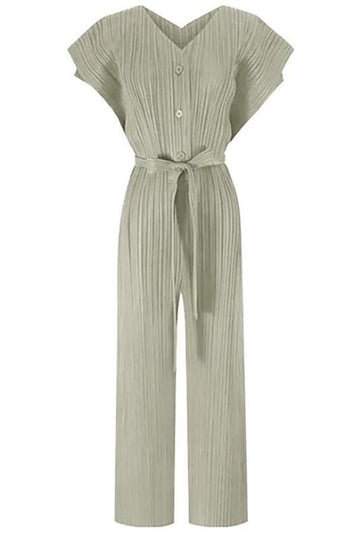 V NECK BELTED WIDE LEG JUMPSUIT