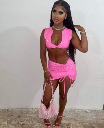 PINK PU SHORT SLEEVELESS SKIRT SET