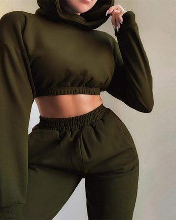 Long Sleeve Hooded Sweatshirt High Waist Pants Set
