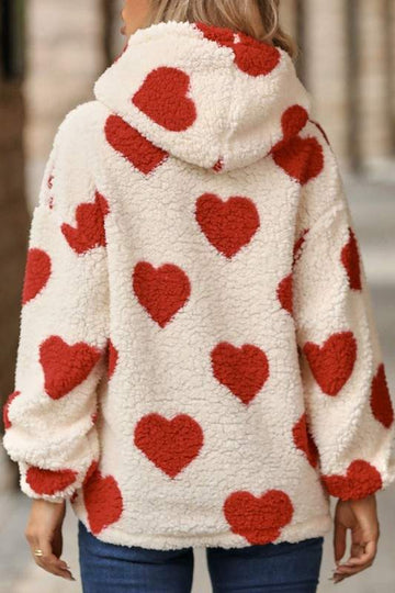 HOODED HEART PRINT PULLOVER SWEATER