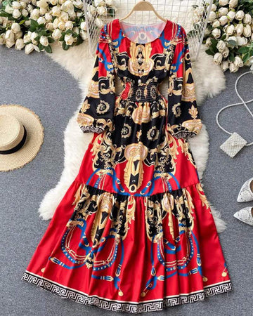 BAROQUE PRINT GEO TRIM LONG SLEEVE MAXI DRESS