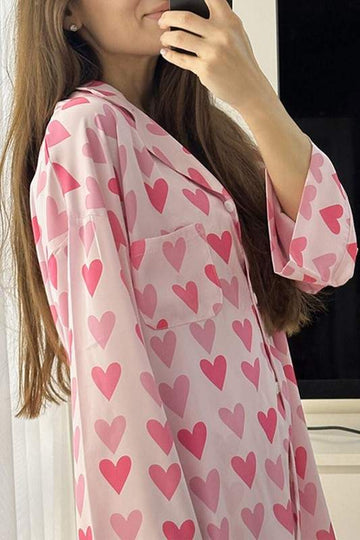 HEART PRINT LONG SLEEVE PANTS SHORTS SETS