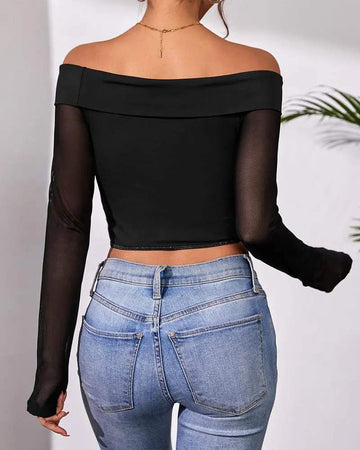 CONTRAST MESH OFF SHOULDER CUTOUT CROP CORSET TOP