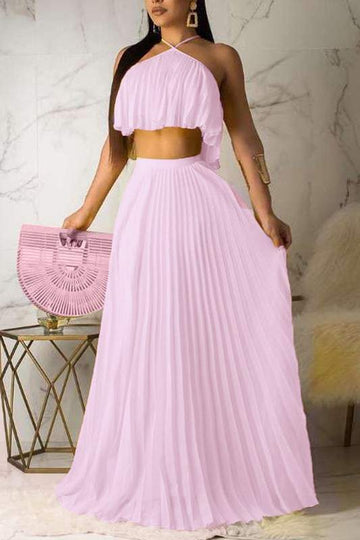 PLEATS RUFFLE TOP AND SKIRT SET