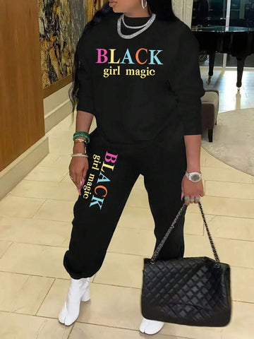 LETTER PRINTED FASHIONABLE ROUND NECK SWEATSHIRT AND PANTS SET