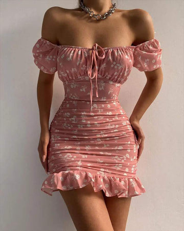 OFF SHOULDER RUFFLE HEM RUCHED DITSY FLORAL PRINT DRESS
