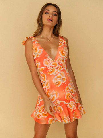 SUMMER DRESS VNECK FLORAL PRINT ZIPPER BACKLESS ORANGE KNEE LENGTH BEACH DRESS