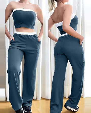 CONTRAST BINDING BANDEAU RIBBED TOP POCKET DESIGN PANTS SET
