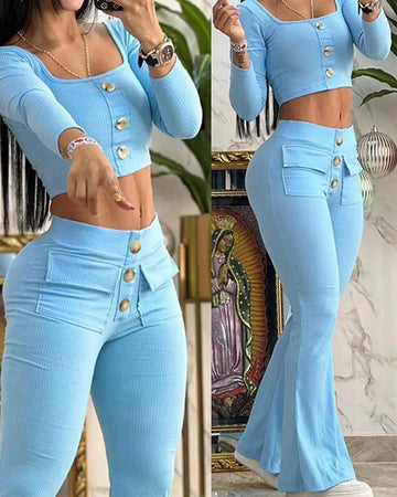 SQUARE NECK BUTTONED TOP POCKET DESIGN FLARED PANTS SET