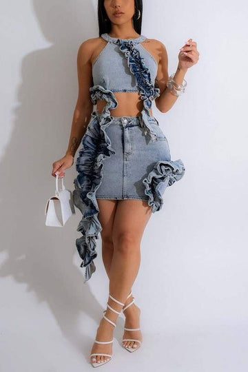 DENIM STRINGY SELVEDGE CROPPED SKIRT SETS