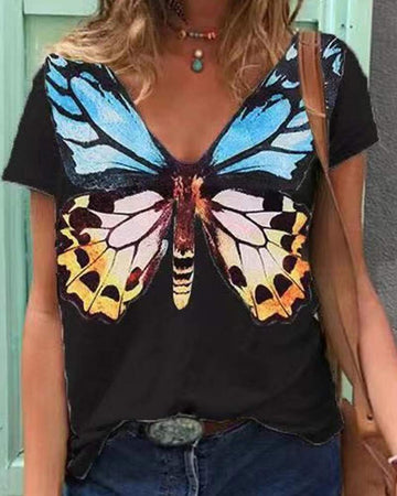 V-Neck Butterfly Print T-Shirt