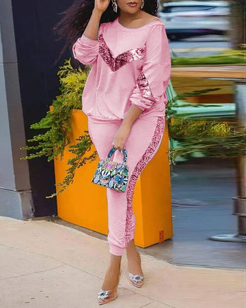 CONTRAST SEQUIN LONG SLEEVE TOP PANTS SET