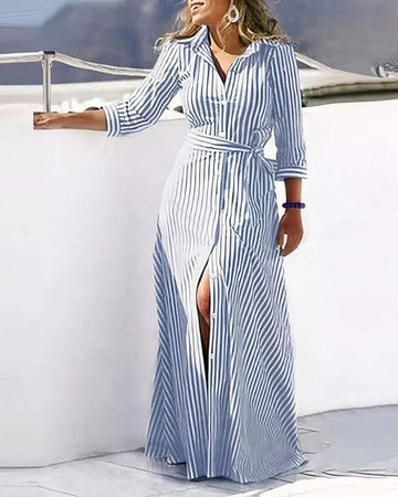 STRIPED BUTTONED TIED DETAIL SHIRT DRESS