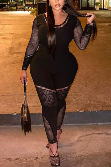 LONG SLEEVE CUTOUT SHEER MESH JUMPSUIT