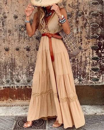CONTRAST LACE SURPLICE NECK SLEEVELESS MAXI DRESS