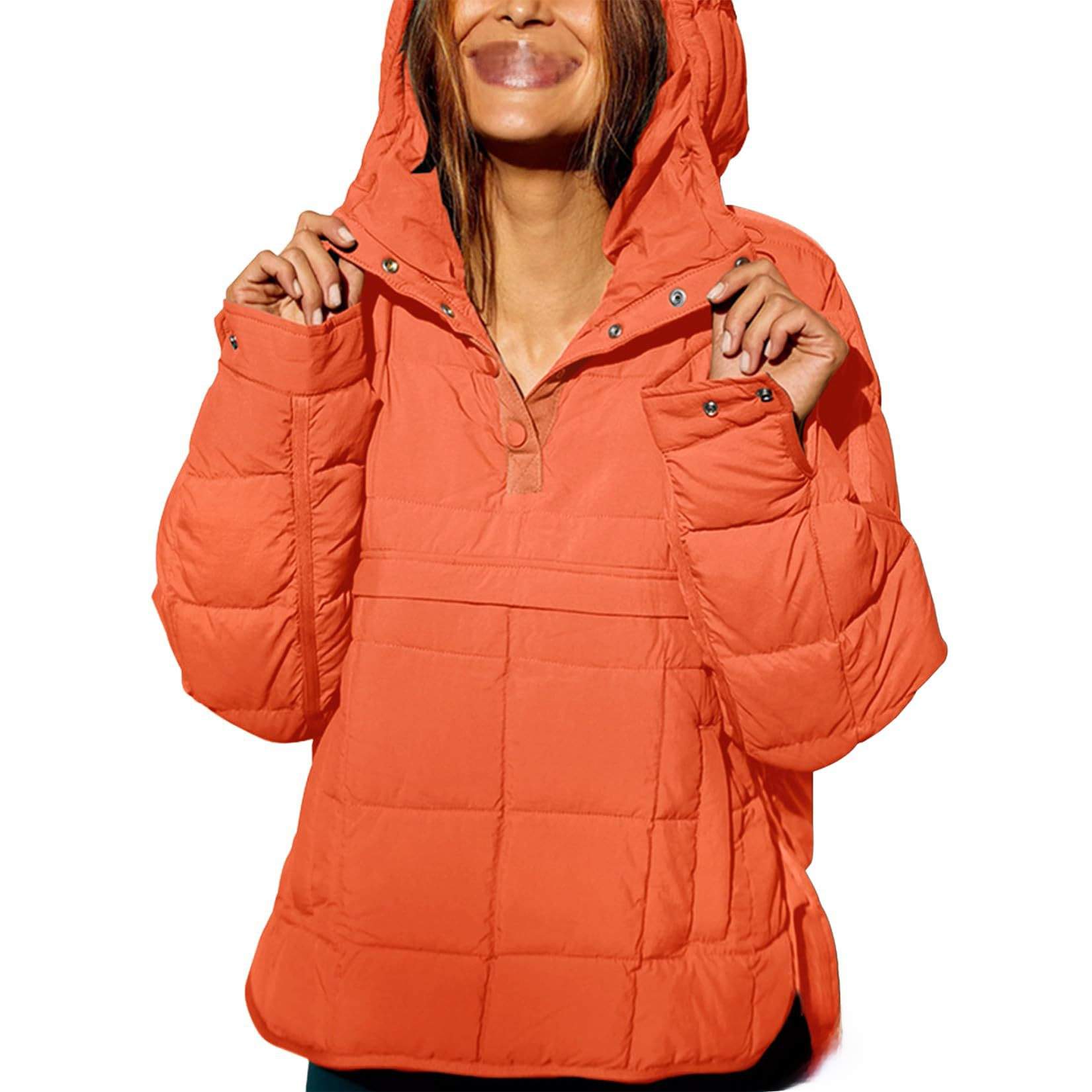 SOLID COLOR HOODED COTTON PADDED FOLDABLE PADDED PULLOVER POCKET LONG SLEEVE COAT FOR WOMEN