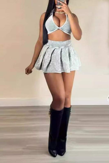 CUTOUT CROP TOP AND MINI SKIRT SET