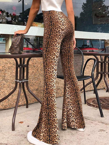 WOMEN FLARED PANTS LEOPARD PRINT PATTERN COTTON HIGH RISE WAIST TROUSERS