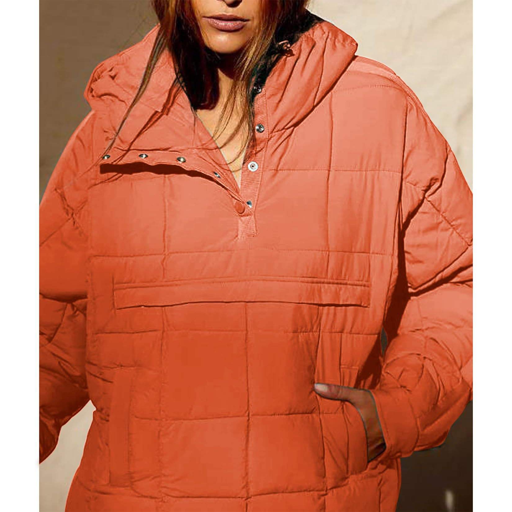 SOLID COLOR HOODED COTTON PADDED FOLDABLE PADDED PULLOVER POCKET LONG SLEEVE COAT FOR WOMEN