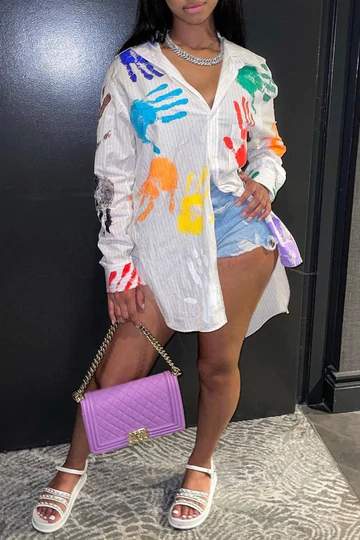 Artistic Shirt, Stylish Handprint Blouse