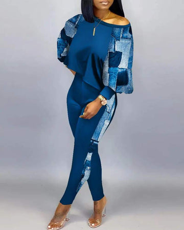 DENIM LOOK PRINT LONG SLEEVE CASUAL TOP PANTS SET