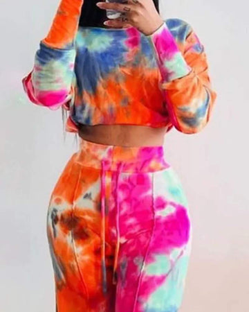 TIE DYE PRINT TOP DRAWSTRING FLARED PANTS SET