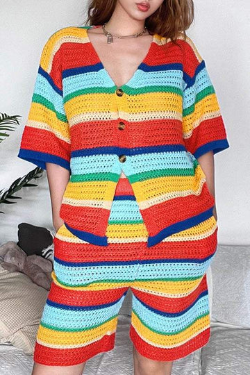 RAINBOW BUTTON UP TOP AND SHORTS SET