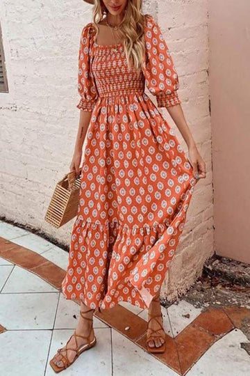HALF PUFF SLEEVE PRINT MIDI DRESS