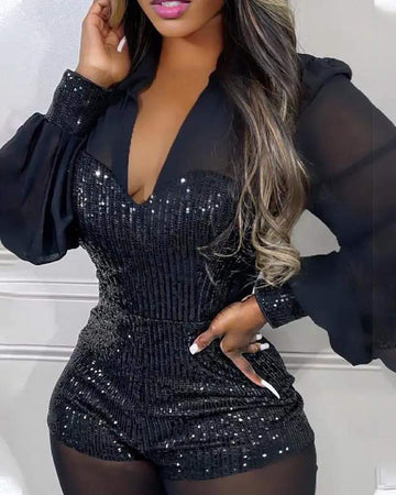 CONTRAST SEQUIN LONG SLEEVE SHEER MESH JUMPSUIT