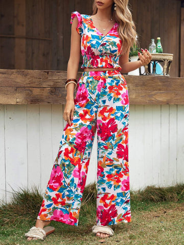 FRENCHY WOMEN S FLOWERS PRINTED CASUAL 2PCS SET
