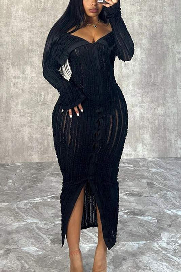 OFF SHOULDER MESH RUFFLE LONG DRESS
