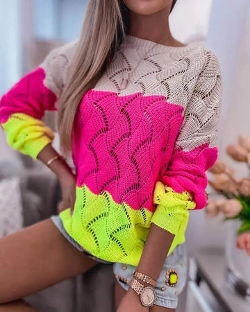 COLORBLOCK BOAT NECK HOLLOW OUT SWEATER