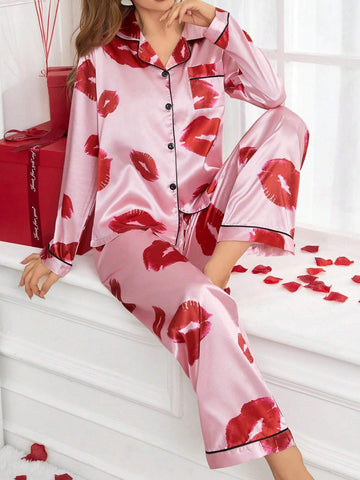 LIPS PRINT LONG SLEEVE PANTS PAJAMA SET